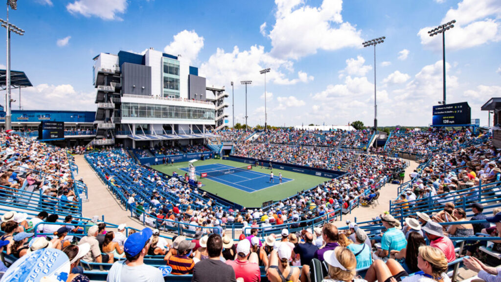 A wide shot of the crowd at a Western & Southern Open tennis match.